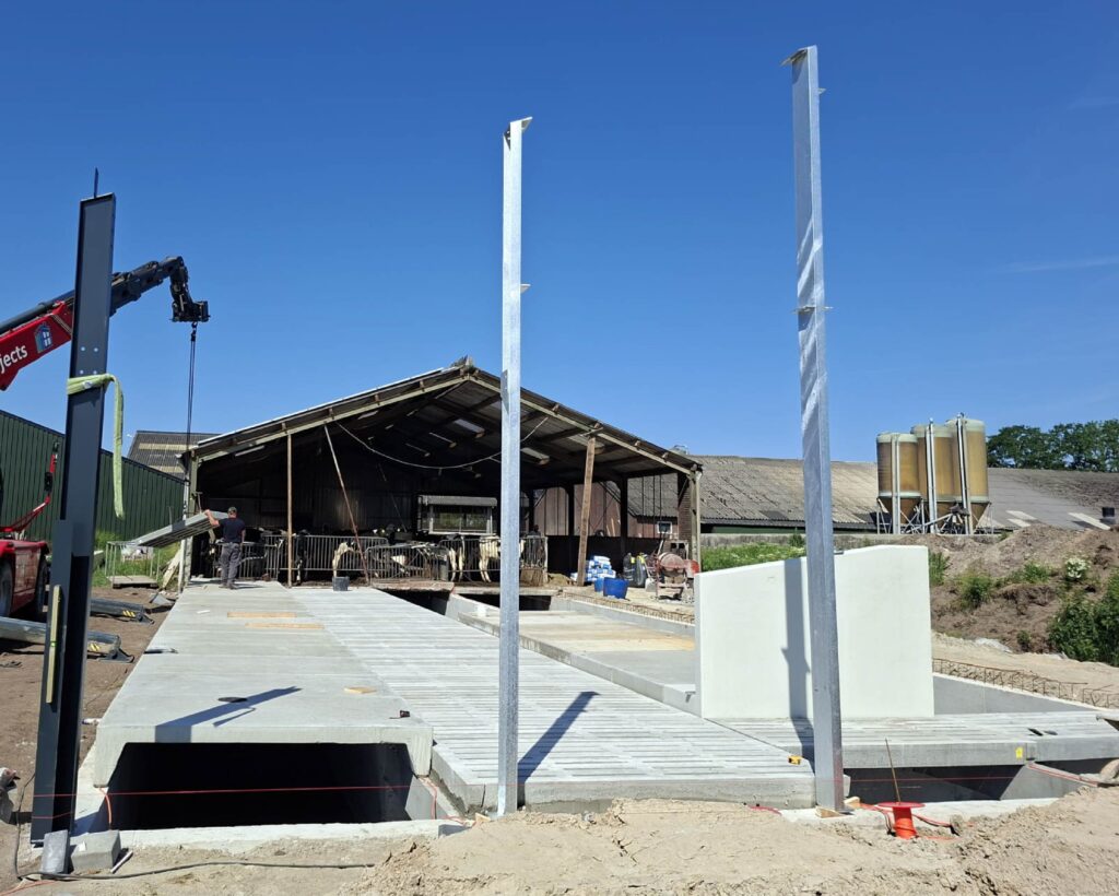 Construction site for a dairy stable, with steel columns, concrete foundations, machinery, and workers under a clear blue sky.