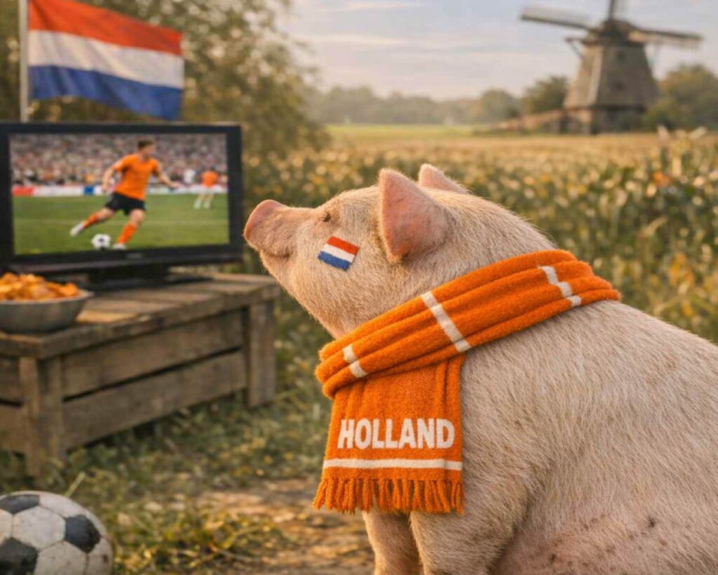 [AI generated Image] Pig wearing an orange “Holland” scarf and Dutch flag face paint watches soccer on TV beside a Dutch flag, with a windmill behind it.
